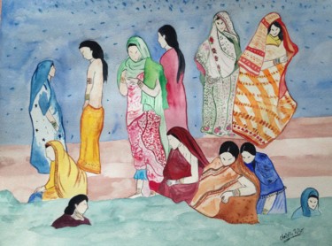 Painting titled "Femmes indiennes" by Christine Bourg, Original Artwork, Watercolor