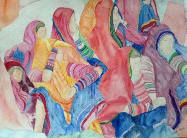 Painting titled "Femmes couleur" by Christine Bourg, Original Artwork, Watercolor