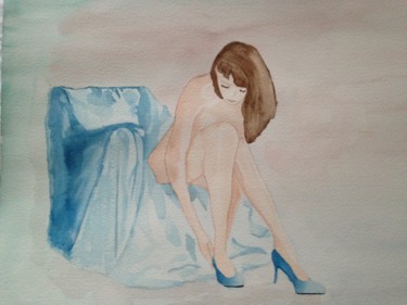 Painting titled "Jeune femme" by Christine Bourg, Original Artwork, Watercolor