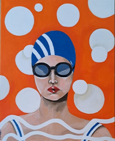 Painting titled "Bubble swimmer girl" by Christine Teisserenc, Original Artwork, Acrylic Mounted on Wood Stretcher frame