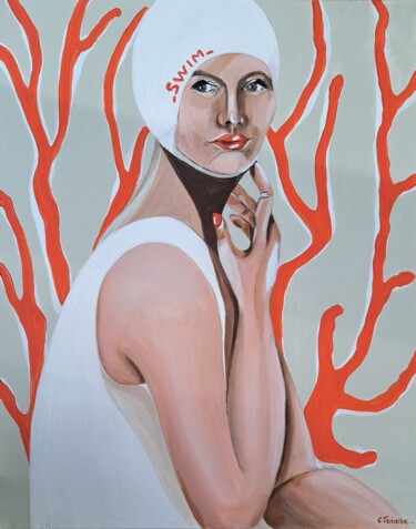 Malerei mit dem Titel "Coral swimmergirl" von Christine Teisserenc, Original-Kunstwerk, Acryl
