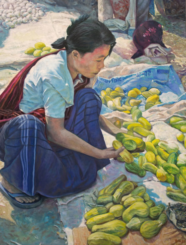 Painting titled "Vendeuse birmane" by Christophe Binse, Original Artwork, Oil