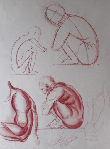 Desenho intitulada "Etude homme accroupi" por Christophe Clement, Obras de arte originais, Pastel