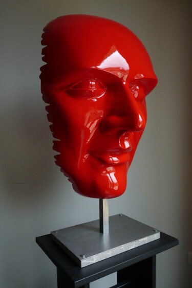 Sculpture titled "Red face" by Christophe Clement, Original Artwork, Aluminium