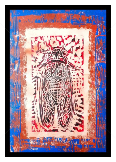 Gravures & estampes intitulée "LE CIGALON" par Christophe Flaugère, Œuvre d'art originale, Linogravures Monté sur Carton