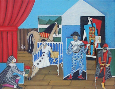 Painting titled "Commedia dell'arte…" by Christophe Leparoux, Original Artwork, Oil Mounted on Wood Stretcher frame