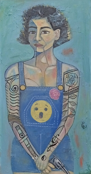 Painting titled "Gun and roses" by Christophe Leparoux, Original Artwork, Oil Mounted on Wood Stretcher frame