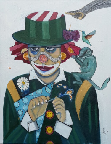 Painting titled "Le déjeuner du clown" by Christophe Leparoux, Original Artwork, Oil Mounted on Wood Stretcher frame