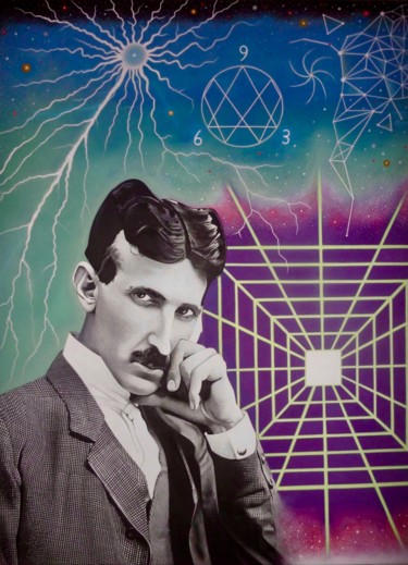 Peinture intitulée "Nikola Tesla" par Komplotiste, Œuvre d'art originale, Acrylique