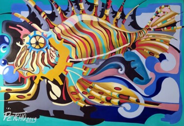 Schilderij getiteld "La rascasse volante" door Christophe Peccini (PETCHO), Origineel Kunstwerk, Olie