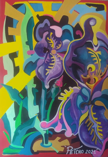 Malerei mit dem Titel "Les iris" von Christophe Peccini (PETCHO), Original-Kunstwerk, Acryl