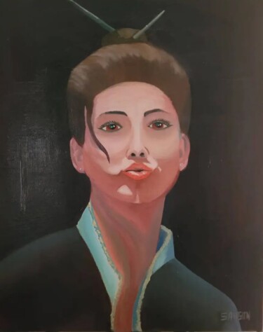 Painting titled "portrait" by Christophe Sanson, Original Artwork, Oil Mounted on Wood Stretcher frame