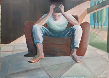 Painting titled "réflexion" by Christophe Sanson, Original Artwork, Oil Mounted on Wood Stretcher frame