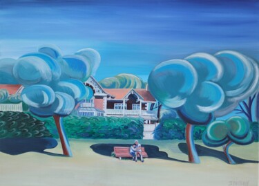 Painting titled "au Moulleau plage" by Christophe Sanson, Original Artwork, Oil Mounted on Wood Stretcher frame
