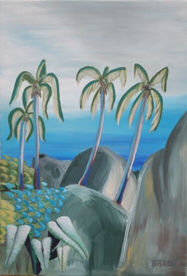 Painting titled "rocher de Tortola" by Christophe Sanson, Original Artwork, Oil Mounted on Wood Stretcher frame