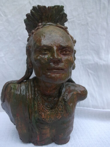 Скульптура под названием "indien huron buste…" - Christophe Schaefer, Подлинное произведение искусства, Терракота