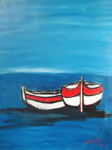 Peinture intitulée "2 barques nulle part" par Christophe Schaefer, Œuvre d'art originale, Acrylique