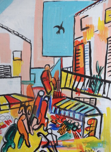 Malerei mit dem Titel "marché l'été a vence" von Christophe Schaefer, Original-Kunstwerk, Acryl