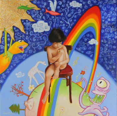 Painting titled "Boy on a red chair" by Christophe Stephan Durand, Original Artwork, Oil Mounted on Wood Stretcher frame