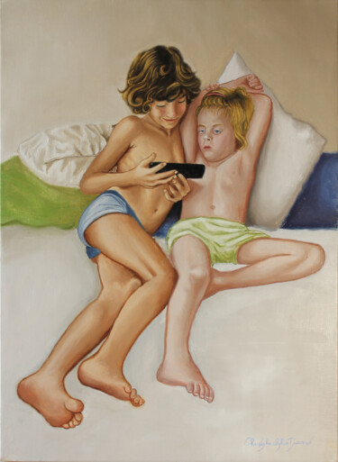 Painting titled "Enfants qui jouent…" by Christophe Stephan Durand, Original Artwork, Oil Mounted on Wood Stretcher frame