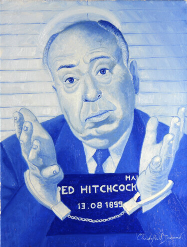 Painting titled "Hitchcock, arrêté p…" by Christophe Stephan Durand, Original Artwork, Oil Mounted on Wood Stretcher frame