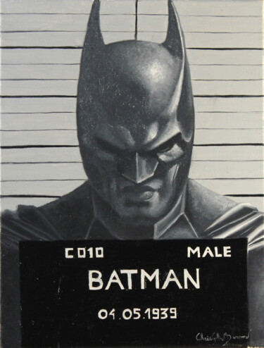 Painting titled "Batman, arrêté pour…" by Christophe Stephan Durand, Original Artwork, Oil Mounted on Wood Stretcher frame