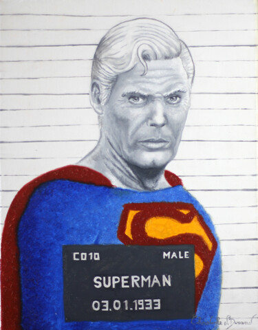 Painting titled "SUPERMAN, arrêté po…" by Christophe Stephan Durand, Original Artwork, Oil Mounted on Wood Stretcher frame