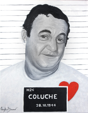 「Coluche, arrêté en…」というタイトルの絵画 Christophe Stephan Durandによって, オリジナルのアートワーク, オイル ウッドストレッチャーフレームにマウント