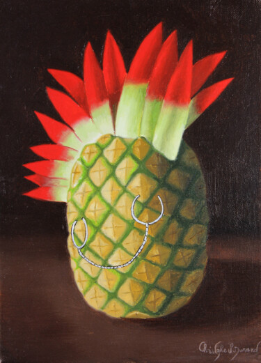 Painting titled "Ananas punk" by Christophe Stephan Durand, Original Artwork, Oil Mounted on Wood Stretcher frame