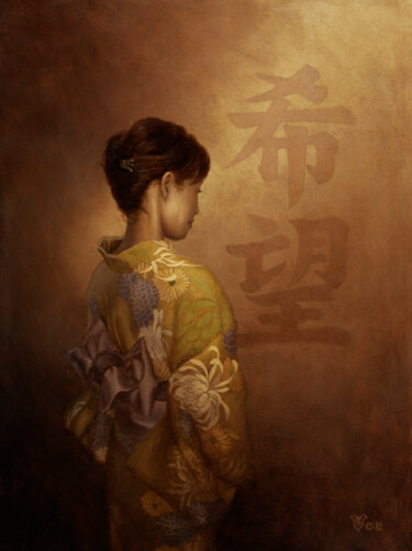 Malerei mit dem Titel "The Summer Kimono" von Christophe Vacher, Original-Kunstwerk, Öl