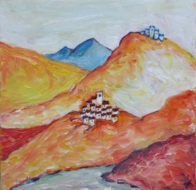 Peinture intitulée "le village et son c…" par Christophe Caux, Œuvre d'art originale
