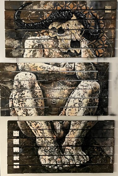 Malerei mit dem Titel "Minotaure au Repos" von Christophe Durand, Original-Kunstwerk, Acryl Auf Keilrahmen aus Holz montiert