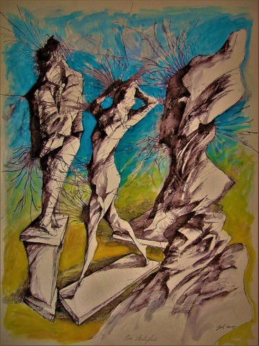 Painting titled "Les statufiés" by Christophe Gol, Original Artwork, Ink