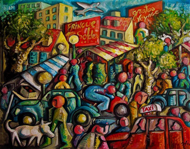 Malerei mit dem Titel "Le marché en ville" von Christophe Gol, Original-Kunstwerk, Öl