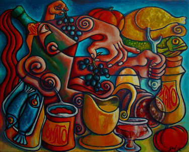 Pintura titulada "La table de bacchus" por Christophe Gol, Obra de arte original, Oleo