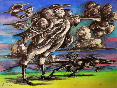 Disegno intitolato "Chasseur au tromblon" da Christophe Gol, Opera d'arte originale, Inchiostro