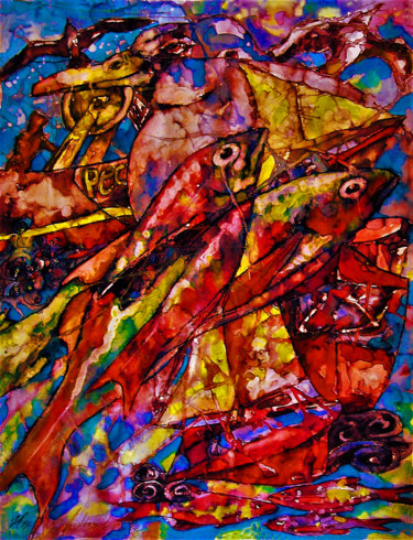 Pittura intitolato "Histoire de pêche" da Christophe Gol, Opera d'arte originale, Inchiostro