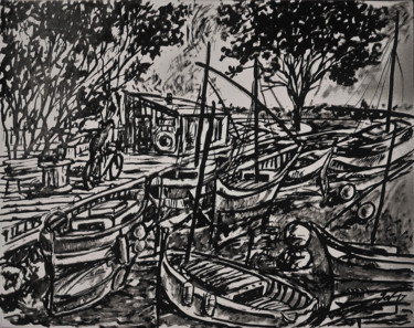 Pintura intitulada "Barques" por Christophe Gol, Obras de arte originais, Tinta