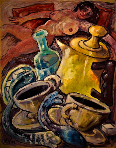 Картина под названием "Nu au café" - Christophe Gol, Подлинное произведение искусства, Масло
