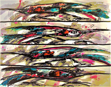 Peinture intitulée "Oiseau piquecoeur" par Christophe Gol, Œuvre d'art originale, Encre