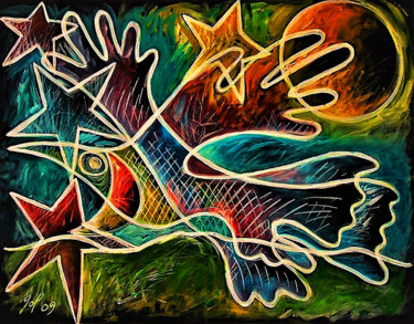 Painting titled "Poisson Colibri" by Christophe Gol, Original Artwork, Oil