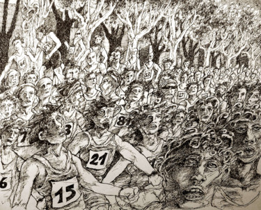 Disegno intitolato "Marathoniens" da Christophe Gol, Opera d'arte originale, Inchiostro