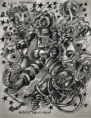 Drawing titled "La robote amoureuse" by Christophe Gol, Original Artwork, Ink