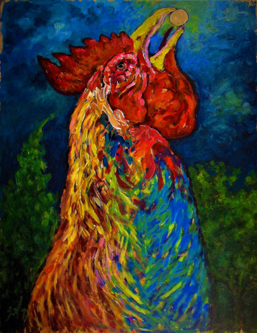 Pintura titulada "Chante lune. Le coq…" por Christophe Gol, Obra de arte original, Acrílico