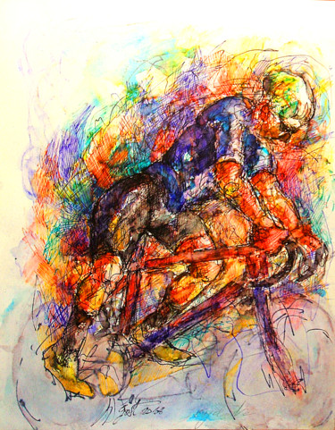 Painting titled "Cycliste" by Christophe Gol, Original Artwork, Other