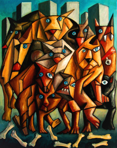Painting titled "Le gang du trottoir" by Christophe Gol, Original Artwork, Oil