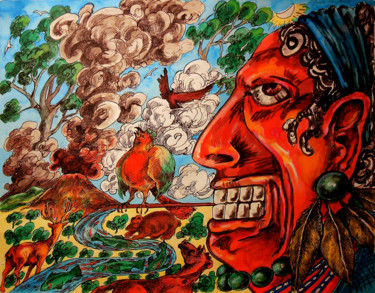 Peinture intitulée "l'Indien qui fume" par Christophe Gol, Œuvre d'art originale, Gouache