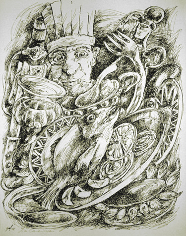 Zeichnungen mit dem Titel "Le cuisinier" von Christophe Gol, Original-Kunstwerk, Tinte