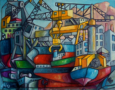 Painting titled "Le port industriel" by Christophe Gol, Original Artwork, Oil