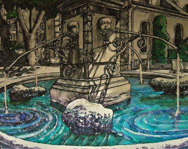 Peinture intitulée "Place & Fontaine" par Christophe Gol, Œuvre d'art originale, Encre